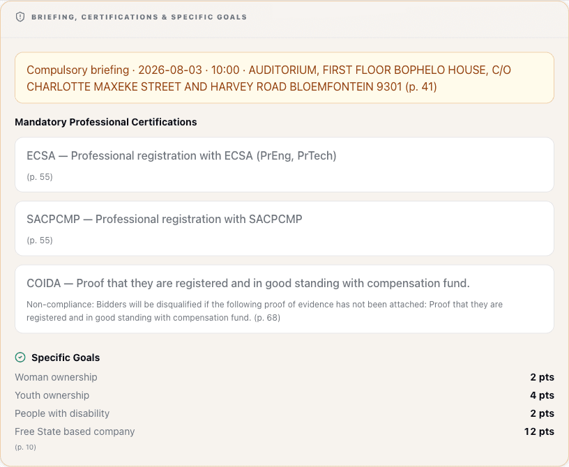 Briefing section of a real Tender OS report: a compulsory briefing flagged with date, time, venue and page citation, plus the tender's specific goals and preference points