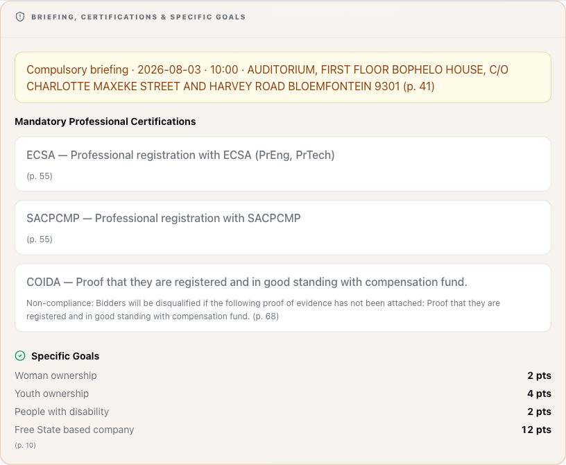 Briefing section of a real Tender OS report: a compulsory briefing flagged with date, time, venue and page citation, plus the tender's specific goals and preference points